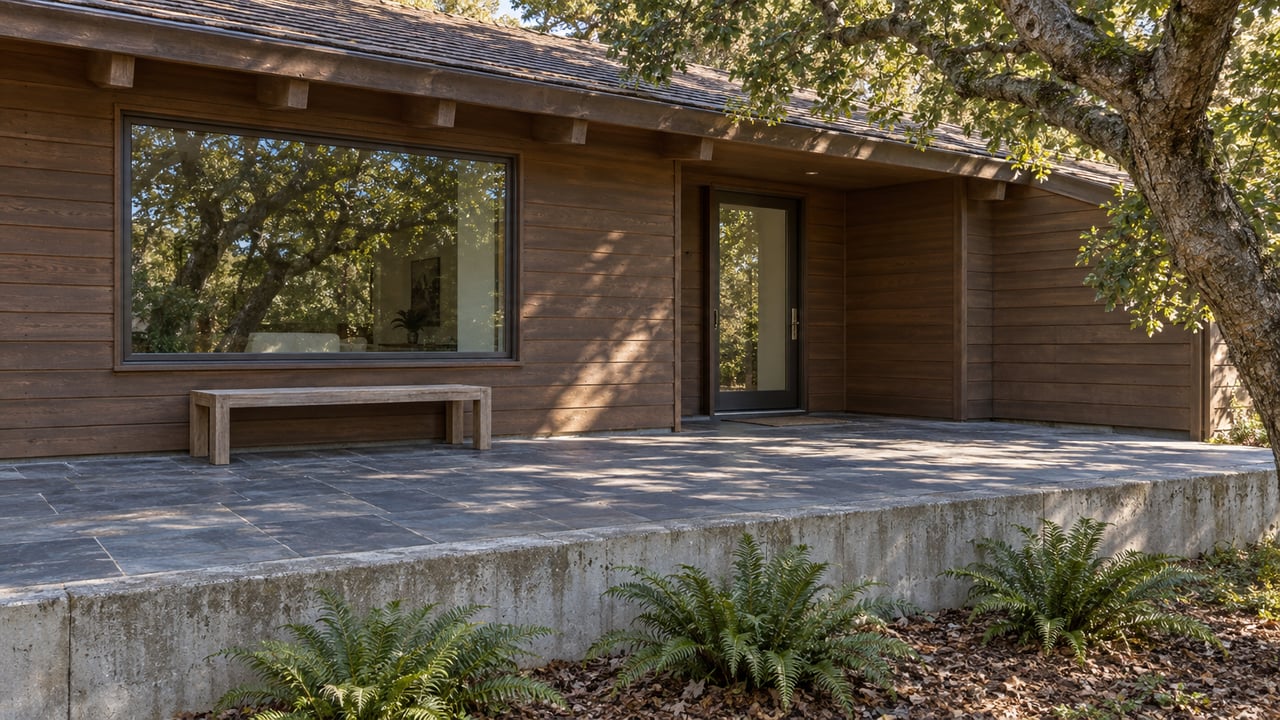 Modern wood-sided house with a raised stone patio, large picture window, and mature tree.