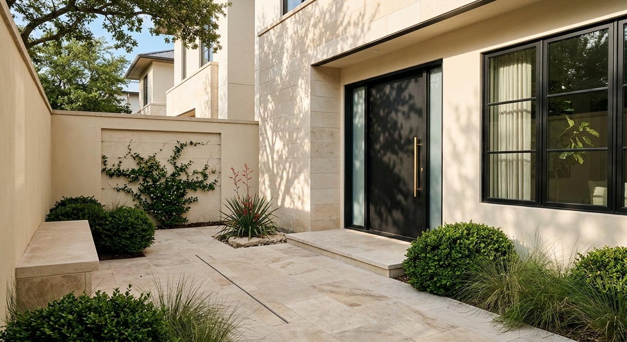Courtyard entry with black steel door, limestone pavers, clipped shrubs, grasses, and oak shadows.