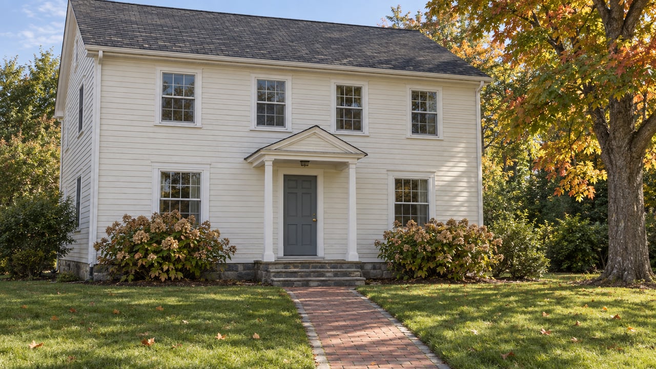 Cream clapboard house with a blue-gray front door, worn stone steps and an autumn sugar maple beside a deep front lawn.