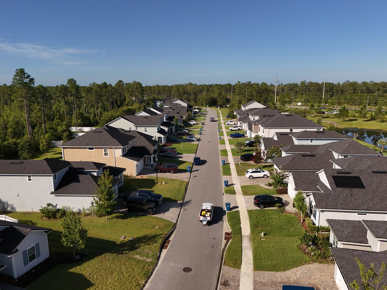 Aerial view of a residential neighborhood with rows of homes along a straight street and woods beyond.