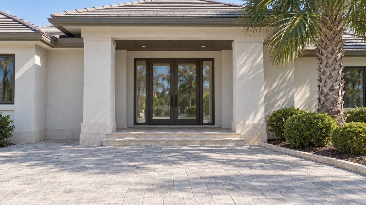 White stucco home with a shaded bronze-framed double entrance, pale stone steps and gray pavers beside a mature palm and clipped cocoplum shrubs.