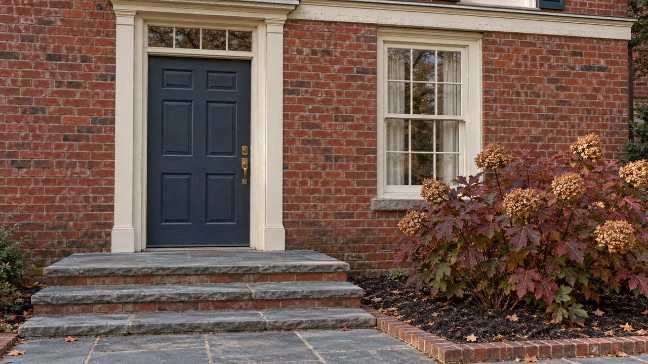 Brick home entrance with a blue paneled door, cream wood trim, worn bluestone steps and burgundy oakleaf hydrangea.