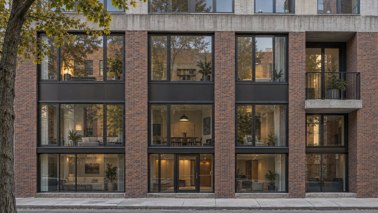 Mid-rise brick facade with dark-framed windows, a recessed balcony, and a street tree at the edge.