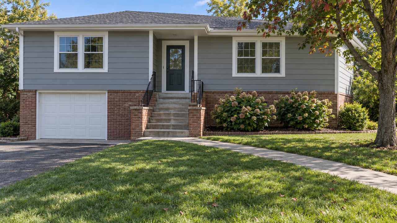 Gray clapboard raised-ranch with brick lower walls, an attached garage, concrete entry steps and a deep front lawn in clear morning light.