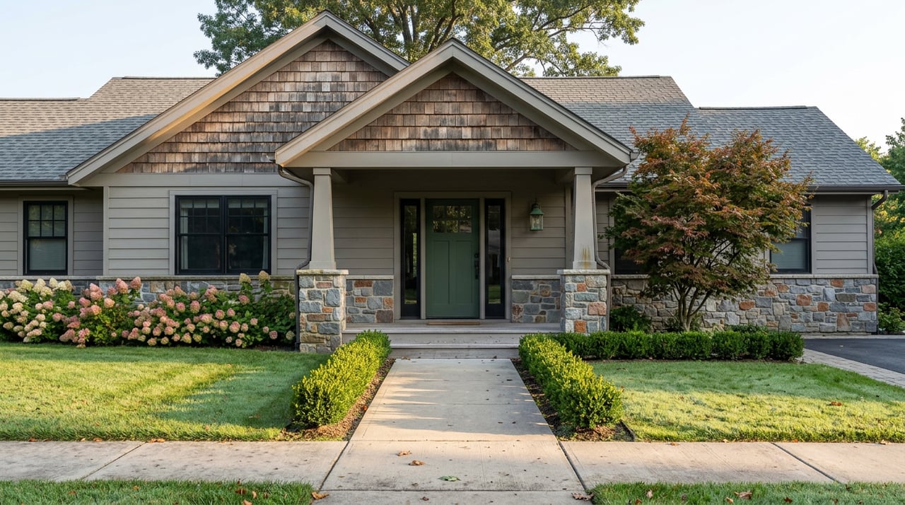 Craftsman-style home with stone porch piers, green door, gabled roof, Japanese maple, and clipped hedge.