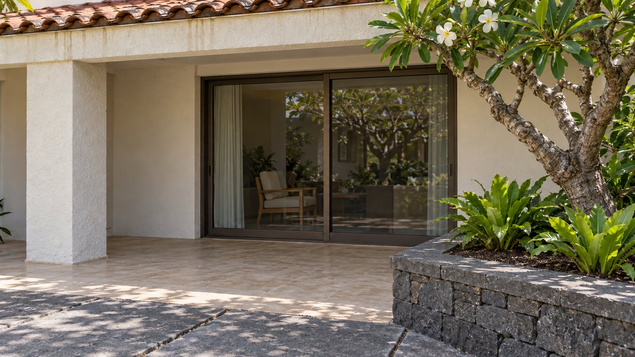 Close view of an ivory stucco home's covered lanai, terracotta roof, bronze sliding glass doors and basalt planter with a flowering plumeria.