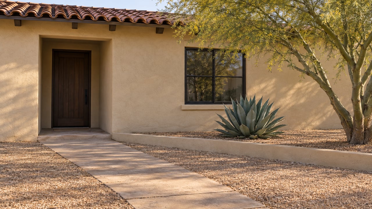 Tan stucco home with a dark timber door, black-framed window, paver path, agave, and airy desert tree.