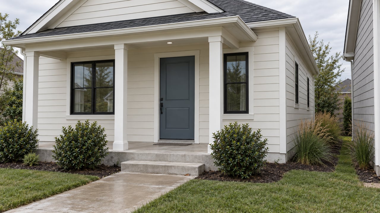 Compact off-white cottage with a slate-blue door, dark-framed windows, and a narrow planted side yard.