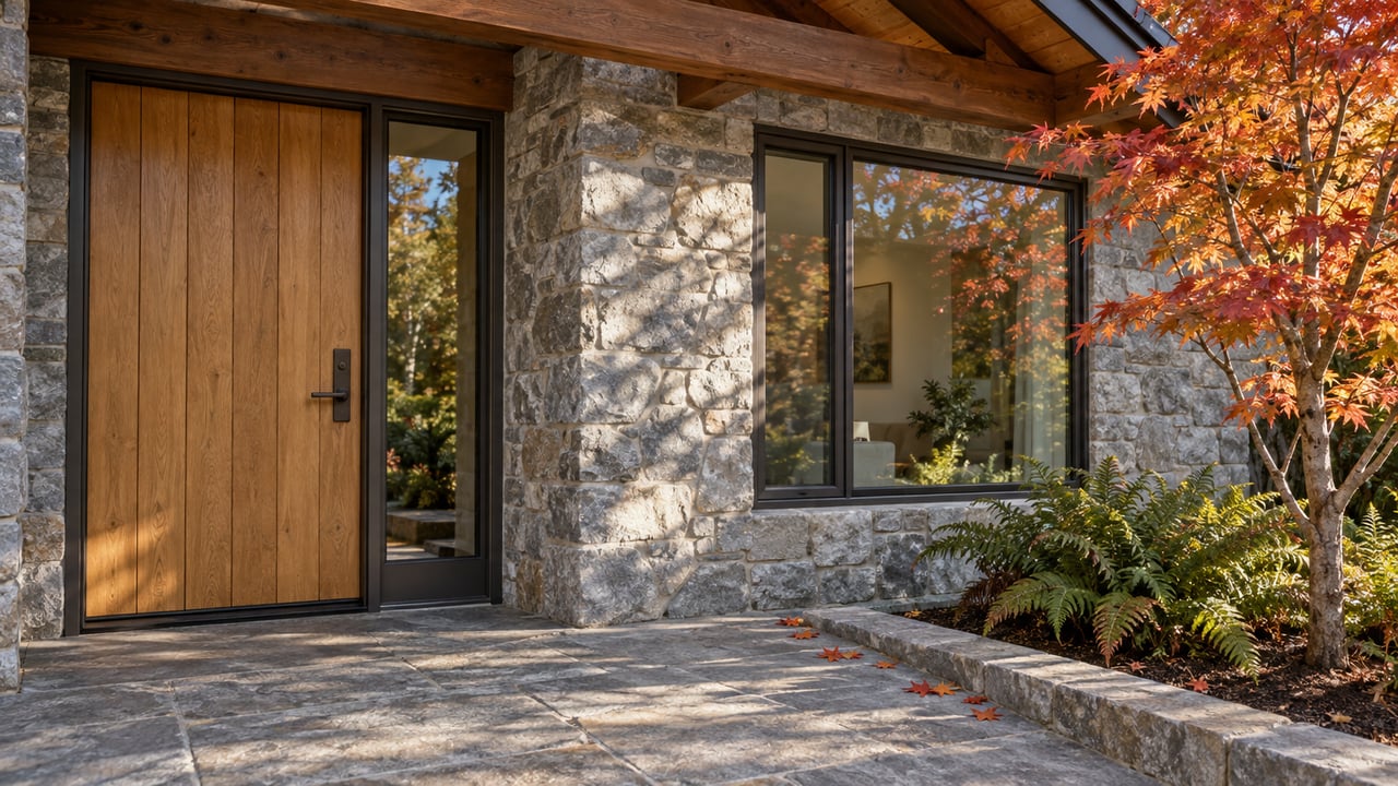 Autumn maple beside a sheltered timber-and-stone entry with an oak door, bronze-framed glazing and a gray stone landing.