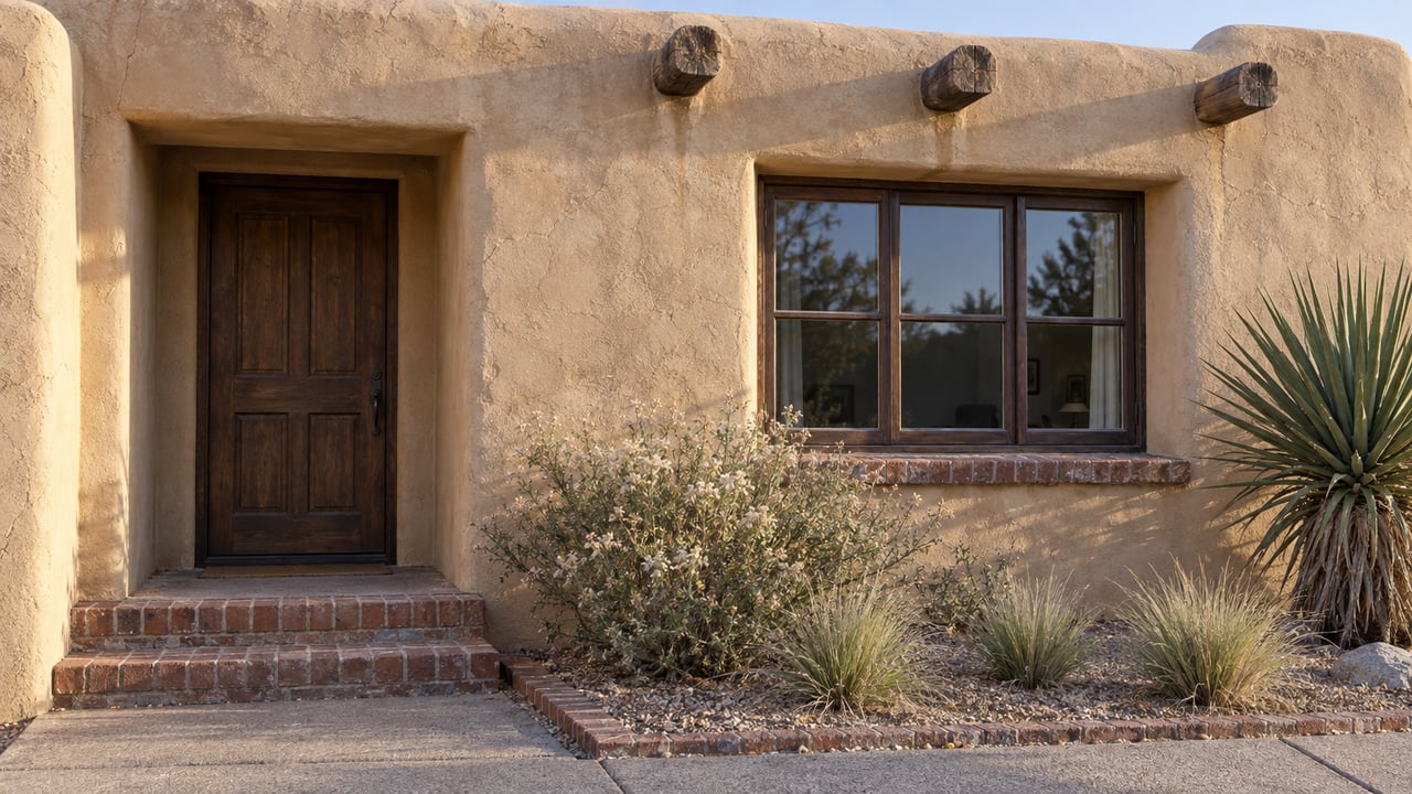 Rounded sand-colored stucco entrance with weathered timber beams, a divided-light window, brick steps and a small dry garden.