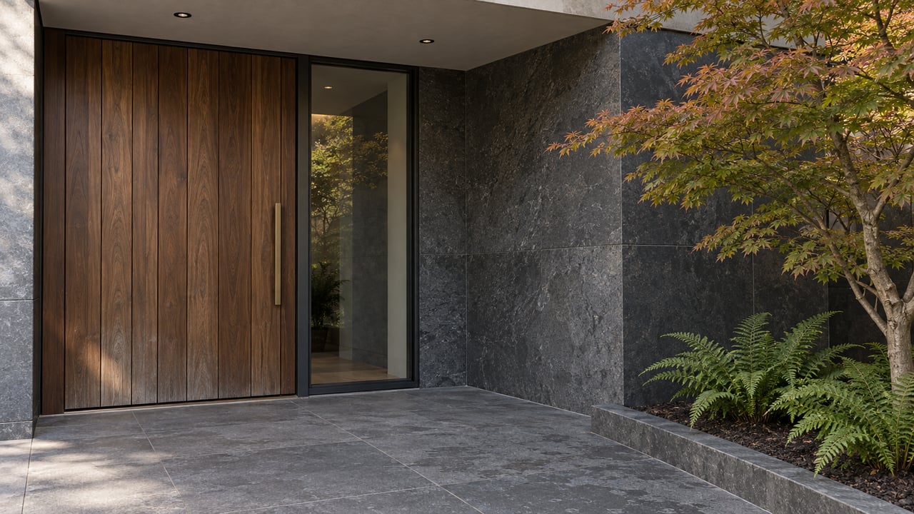Recessed contemporary home entrance with walnut door, charcoal stone paving and a Japanese maple beside the landing.