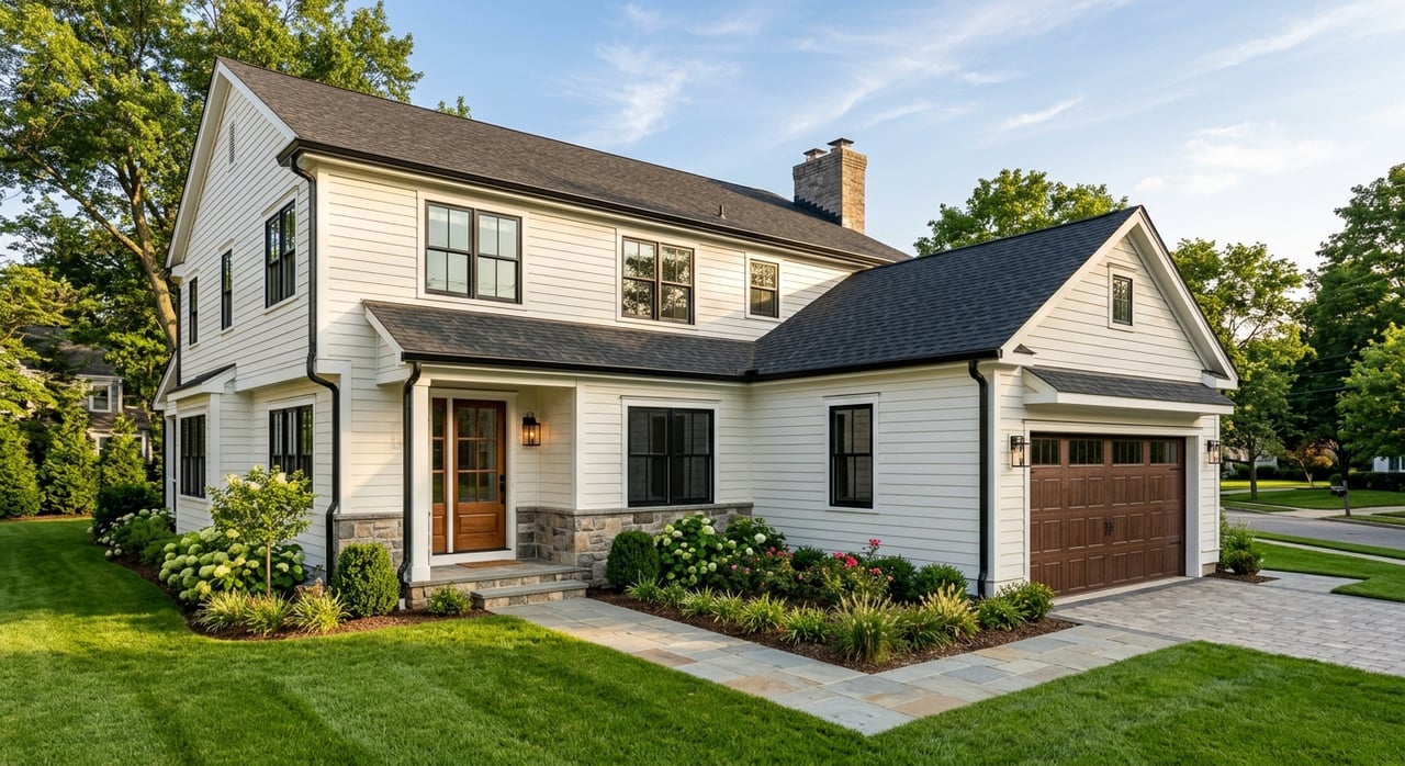 Warm-white clapboard home with a navy entry door, bluestone steps, and a straight walk through the lawn.