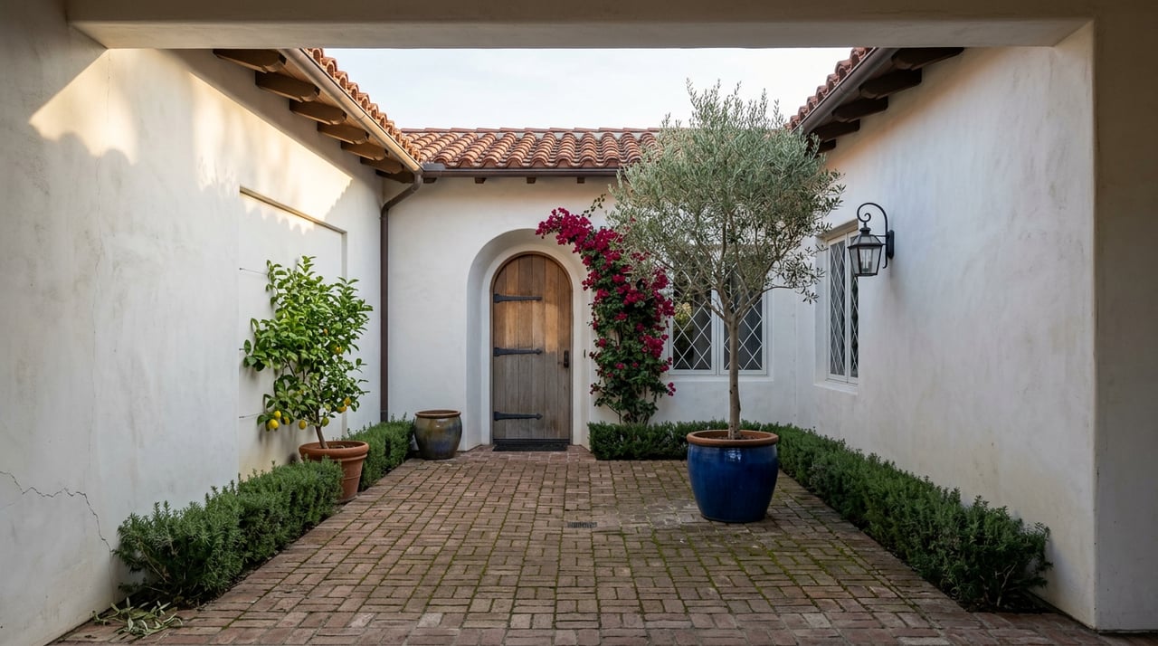 White stucco courtyard with an arched wooden door, magenta bougainvillea, and a potted olive tree among brick paving.