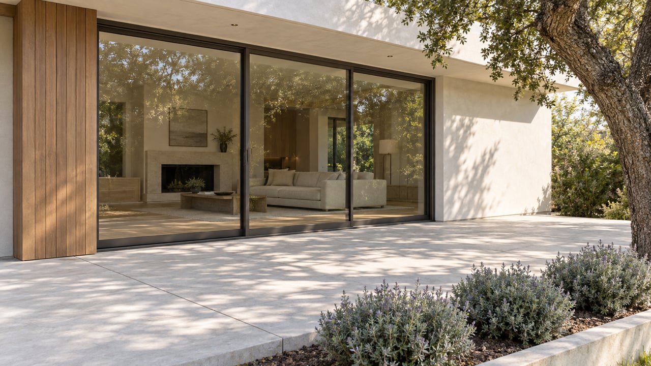 Concrete terrace beside a stucco home, with a glass slider, cedar pier, and oak shading a planted bed.
