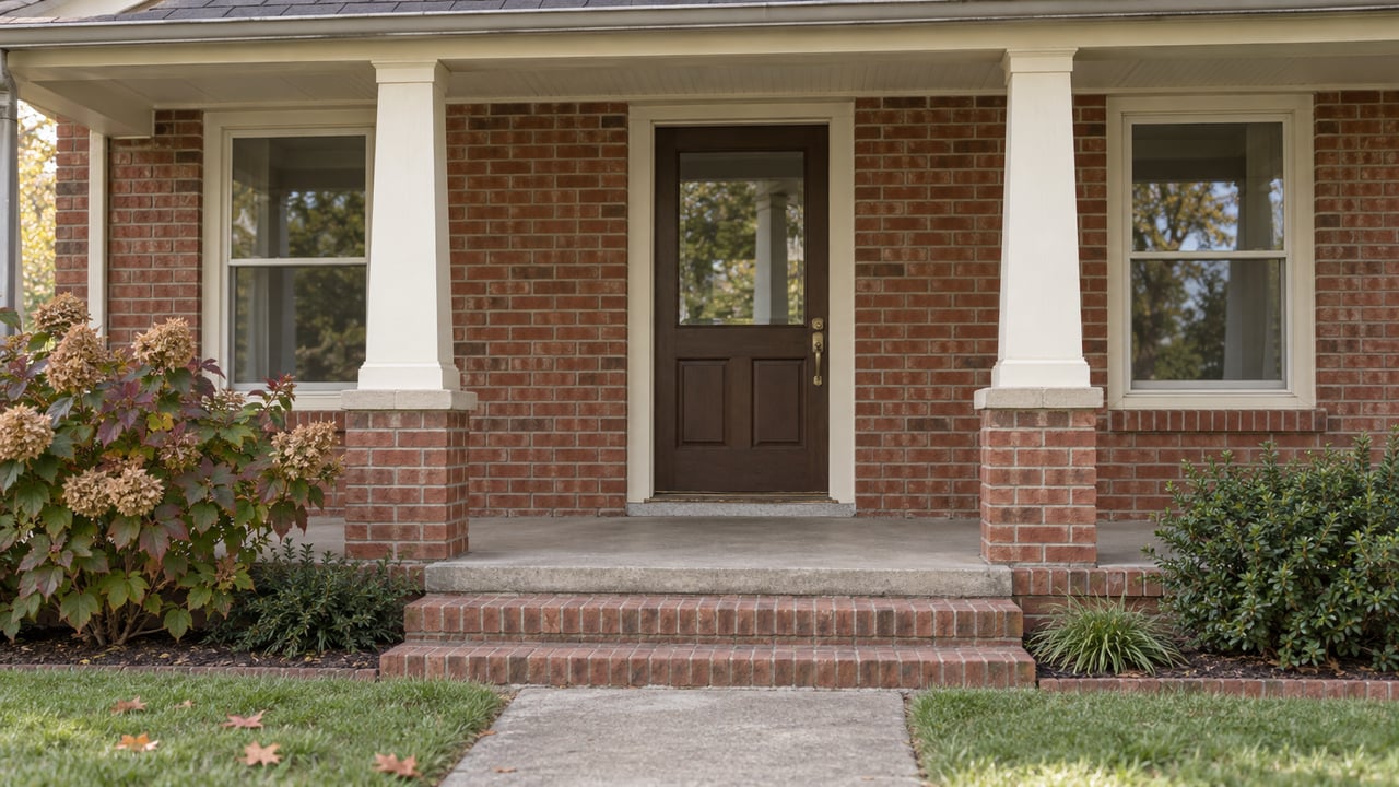 Covered porch with ivory columns, red brick steps, a brown glazed door, and oakleaf hydrangea turning burgundy.