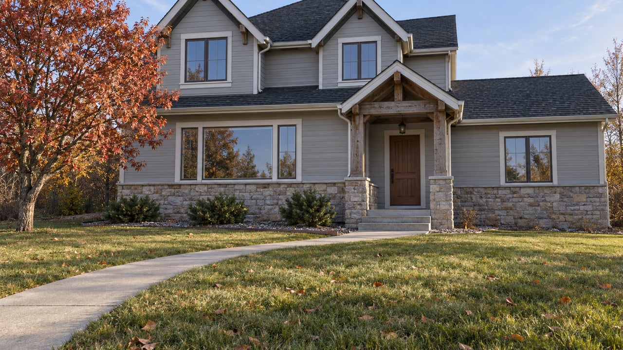 Autumn sunlight on a gray-sided gabled home behind a deep lawn, with stone foundations and a red-leaved maple.