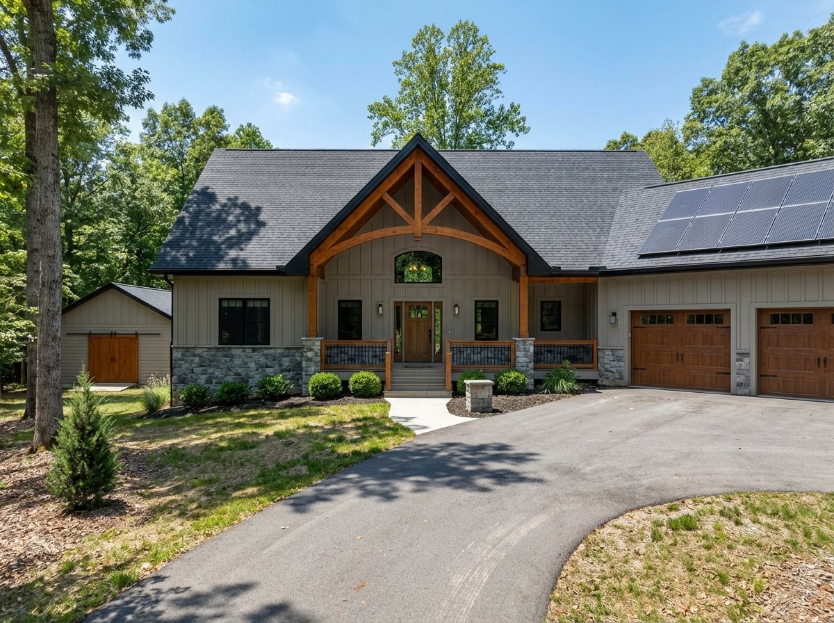 Front exterior of a custom home on a wooded lot in Galena, Ohio near Hoover Reservoir with rooftop solar panels