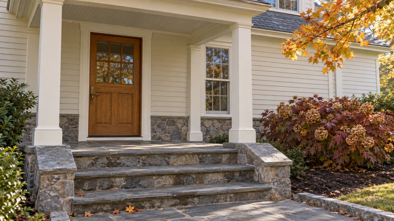 Autumn light across a stone approach to a covered entrance with ivory clapboards, an oak door, and a multi-pane window.