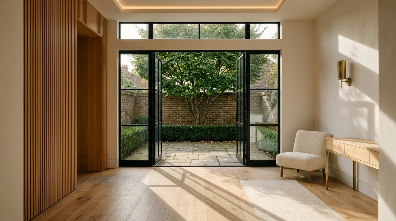Oak-floored great room with black steel-framed glass doors opening onto a walled terrace beneath a Katsura tree.