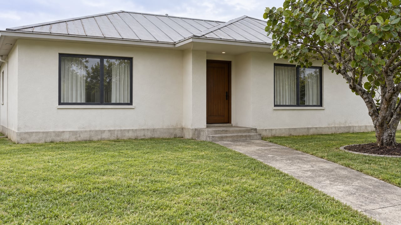 Single-story off-white stucco home with a pale metal roof, deep green lawn, concrete entry path and a sea grape tree.