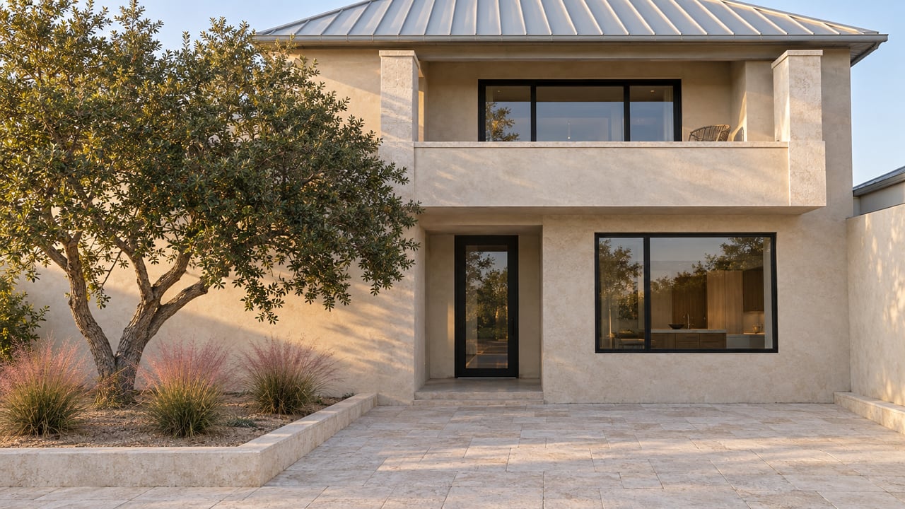 Evening light across a sand-toned contemporary home with a sheltered balcony, black-framed glazing and a limestone entry court beside a sculptural oak.