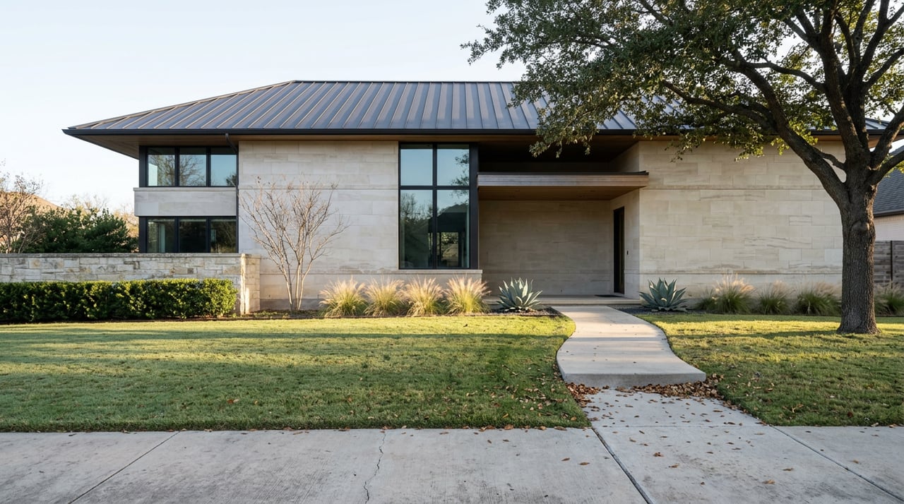 Two-story limestone home with a charcoal metal roof, deep lawn, stone wall, and spreading live oak.