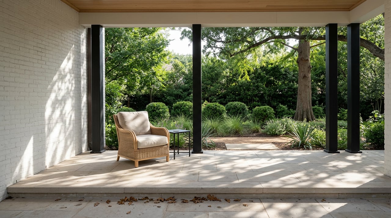 Oatmeal-cushioned wicker armchair on a limestone porch, framed by black posts and a leafy, landscaped yard.