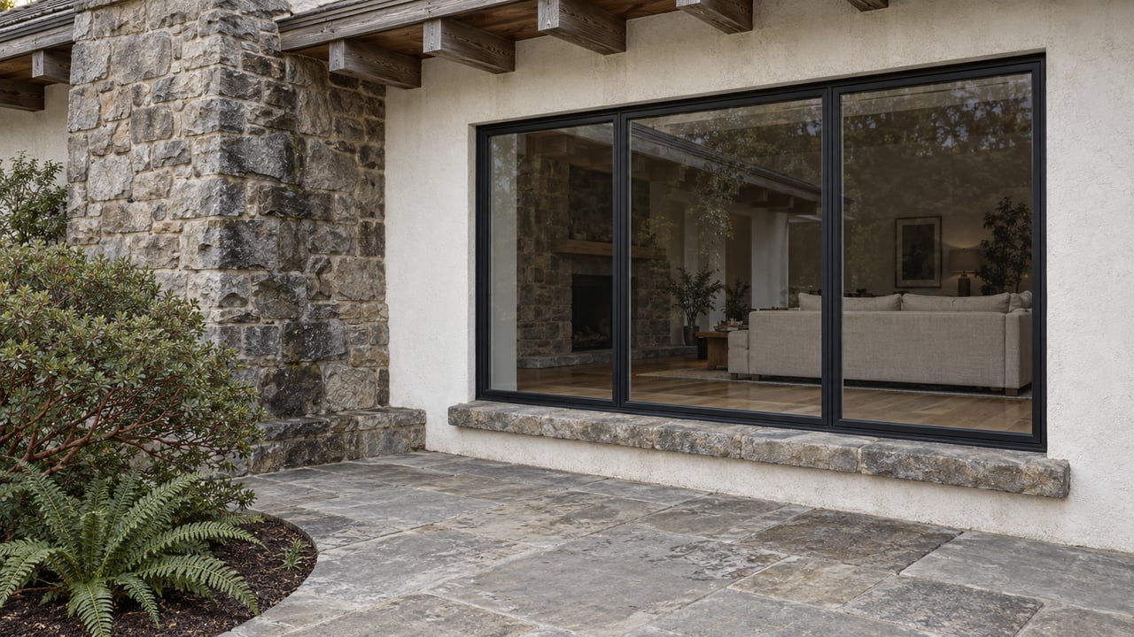 Weathered timber eaves above a sandstone chimney and black-framed living-room window, with a stone terrace and a sculptural manzanita planting.