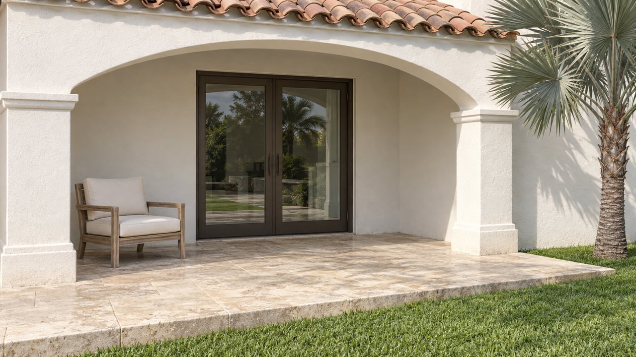 White stucco villa terrace with an arched loggia, bronze-framed glass doors, limestone paving, a teak lounge chair and a silver fan palm.