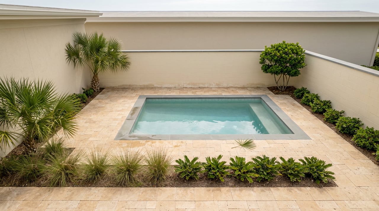 Travertine courtyard with a pale aqua plunge pool, stucco walls, and palms and grasses along the garden wall.