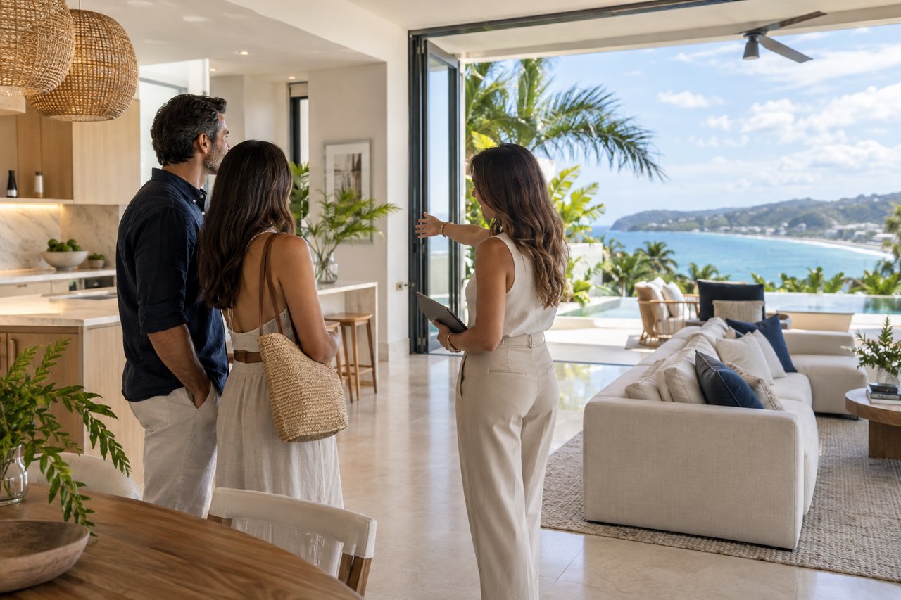Open-plan coastal home interior with a real estate agent showing a couple the ocean view.