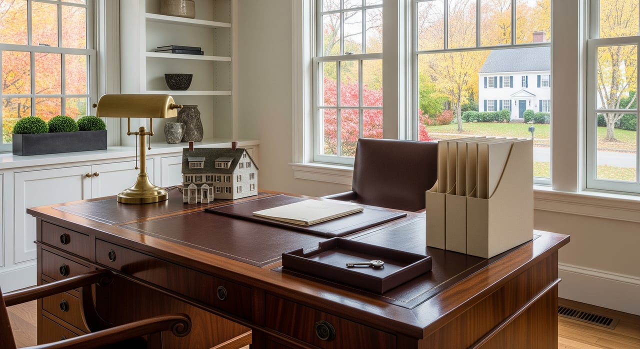 Dark wood desk with brass lamp and file holder in a bright office overlooking autumn trees and a white house.