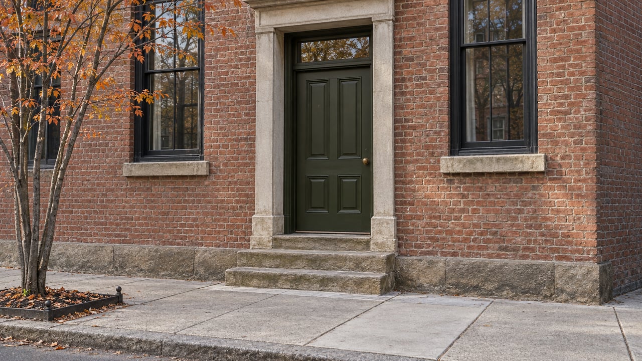 Historic brick townhouse entrance with an olive door, three sandstone steps, and a small autumn tree.