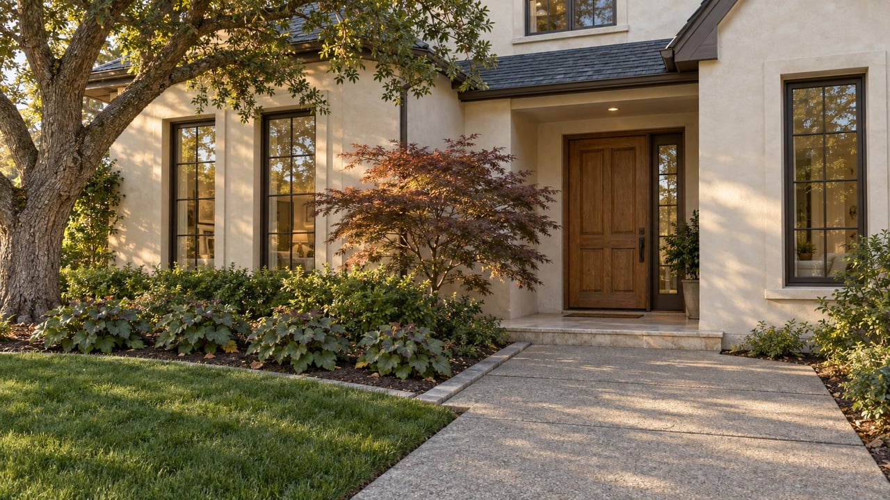 Warm evening light across a stucco home, tall bronze-framed windows, an oak entry door and a stone-edged garden approach.
