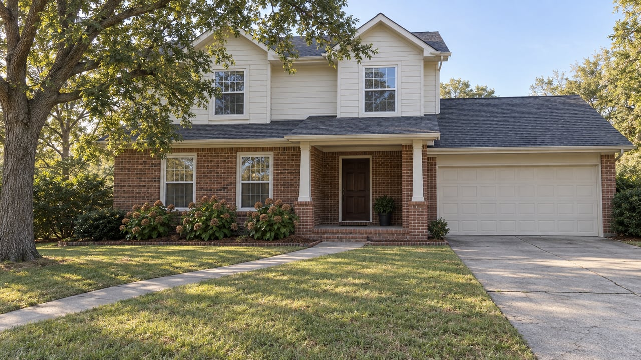 Brick and cream-sided two-story home with a covered wood-door entry, attached garage, and broad front lawn in morning light.