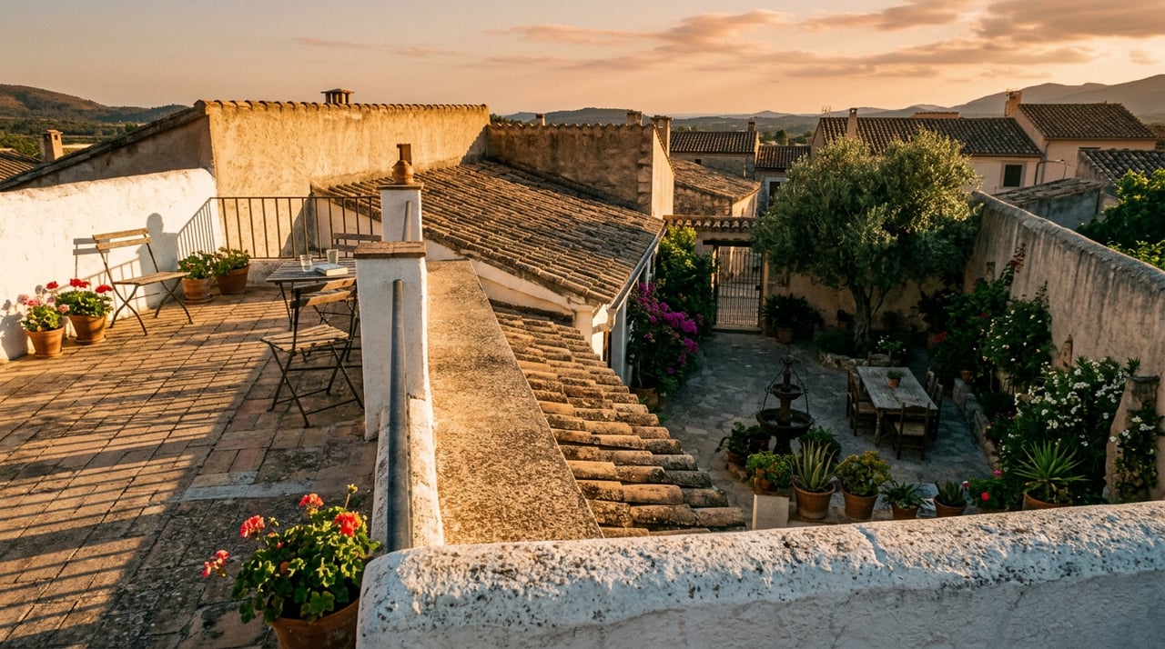 Stepped stucco parapets overlook a flagstone courtyard with a juniper, flowering shrubs, and a blue-gray door.
