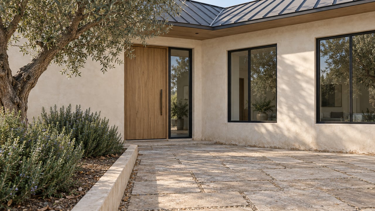 Oak entry door and glazed sidelight beneath a standing-seam roof, with limestone pavers and an olive tree.