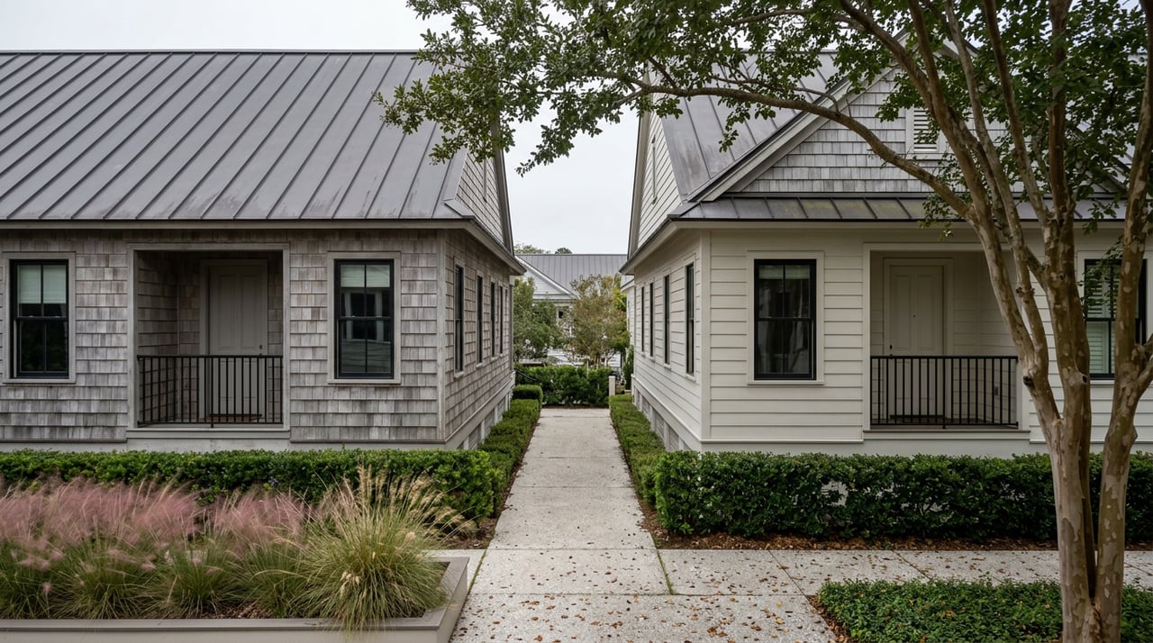 Shared breezeway between two condominium buildings, with balconies, a live oak canopy, and a shell-flecked concrete path.