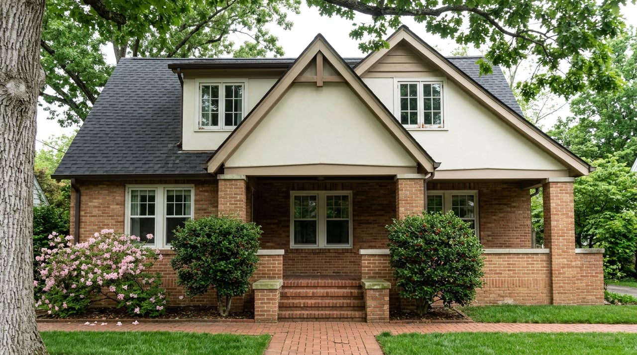Buff-red brick home with a steep cream stucco gable, beneath a white oak canopy and flanked by blooming azalea.