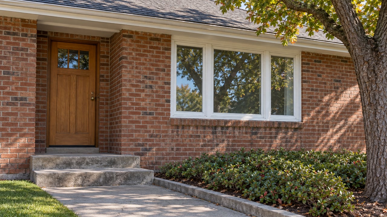 Close view of a red-brown brick home's recessed wooden front door, grouped window and worn concrete stoop beside a mature oak.