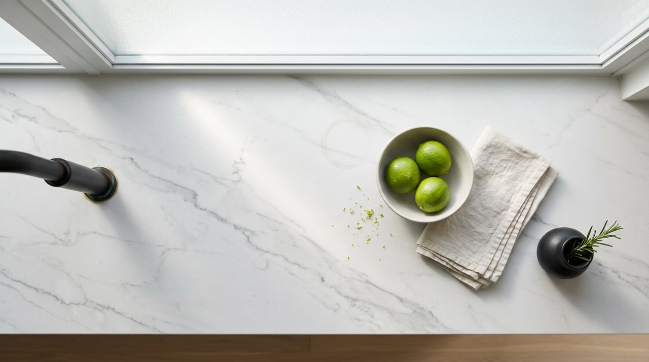 Overhead kitchen counter with three key limes in a ceramic bowl, folded linen napkins, and a rosemary sprig.