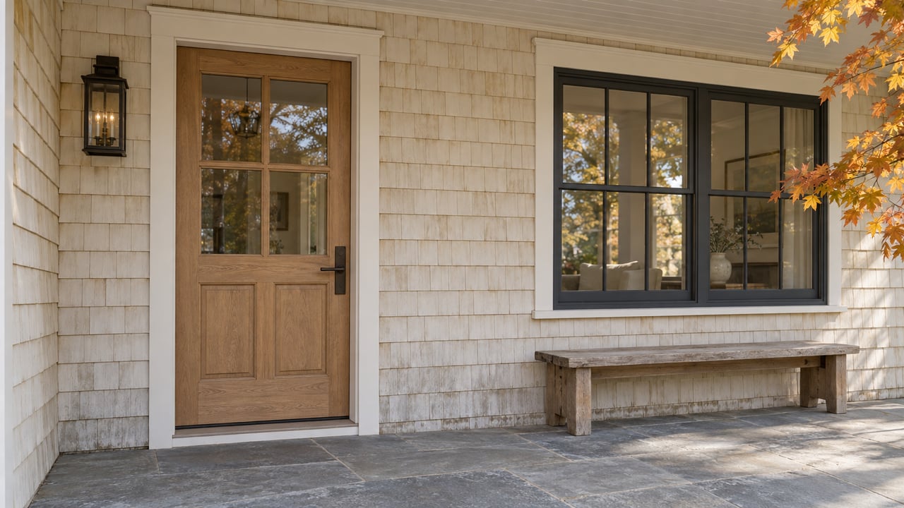 Covered home entry with ivory cedar shingles, a glazed oak door, dark-framed window and an oak bench on bluestone paving.