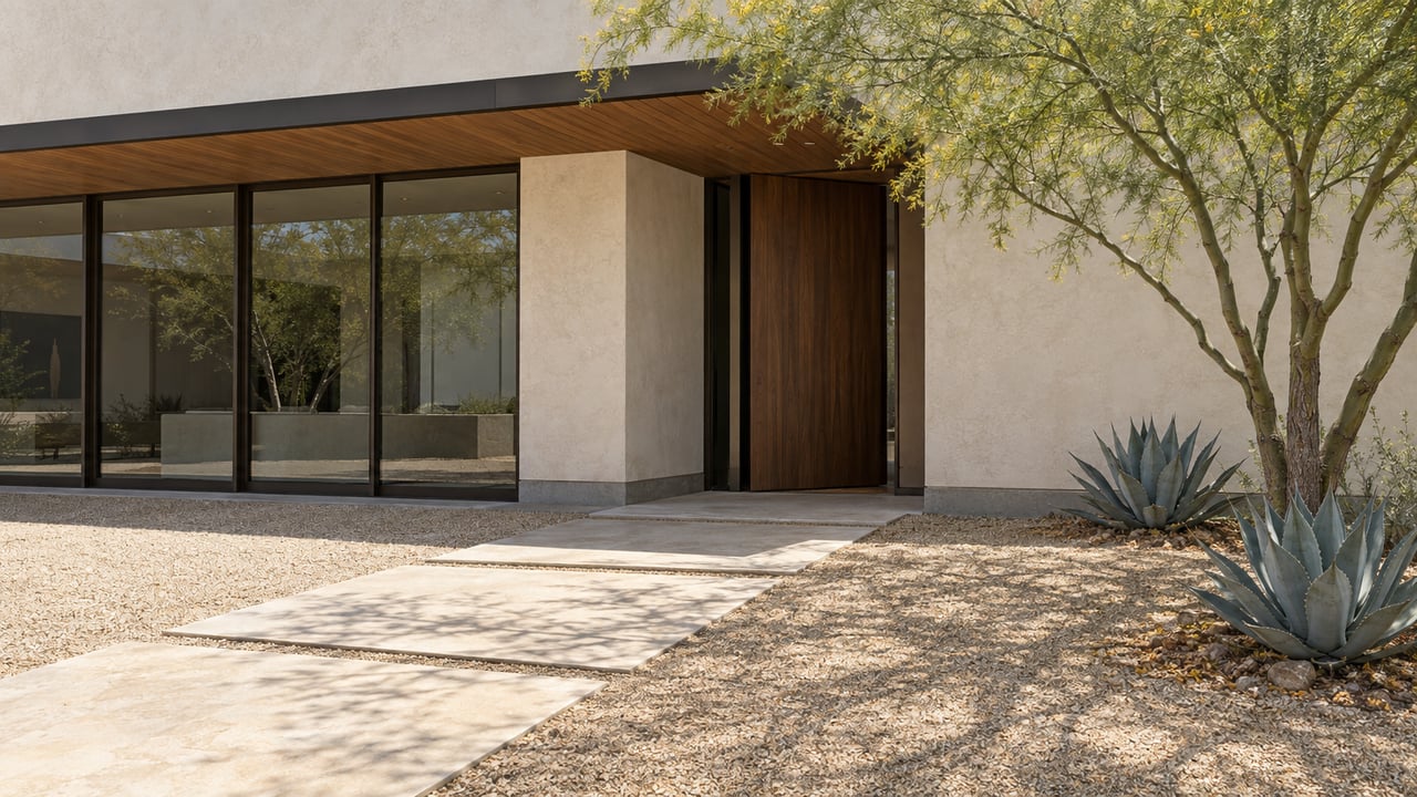 Low-slung cream-stucco home with bronze-framed glass, walnut entry, and limestone slabs across a gravel forecourt.