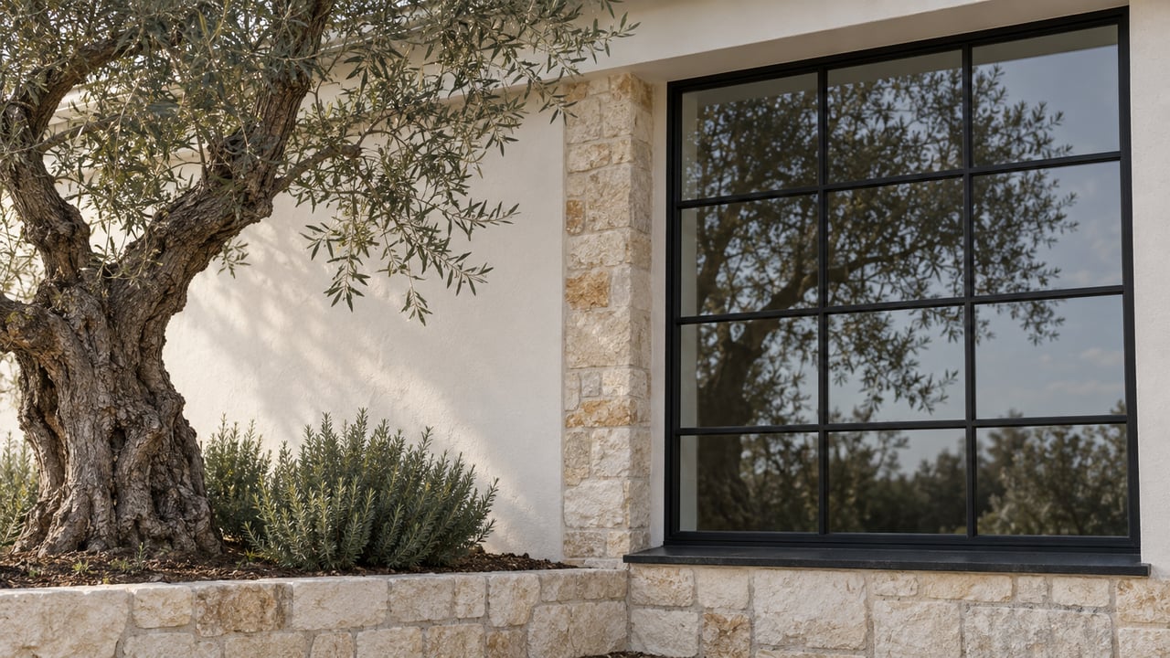 Close-up of a stucco home facade with a gridded black window, limestone pier, and olive tree.