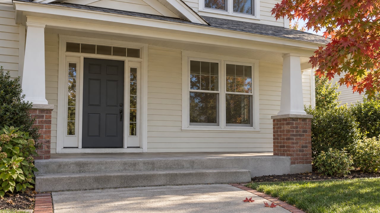 Cream clapboard home with a sheltered charcoal front door, brick porch pier, concrete steps and red maple leaves in afternoon light.
