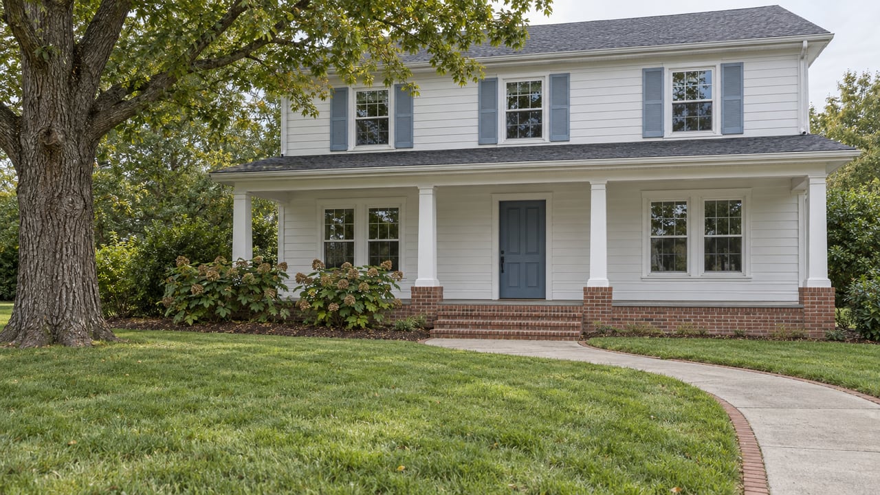 Light-painted two-story home with pale-blue shutters, a shaded brick-based porch and a deep green lawn beneath a mature white oak.