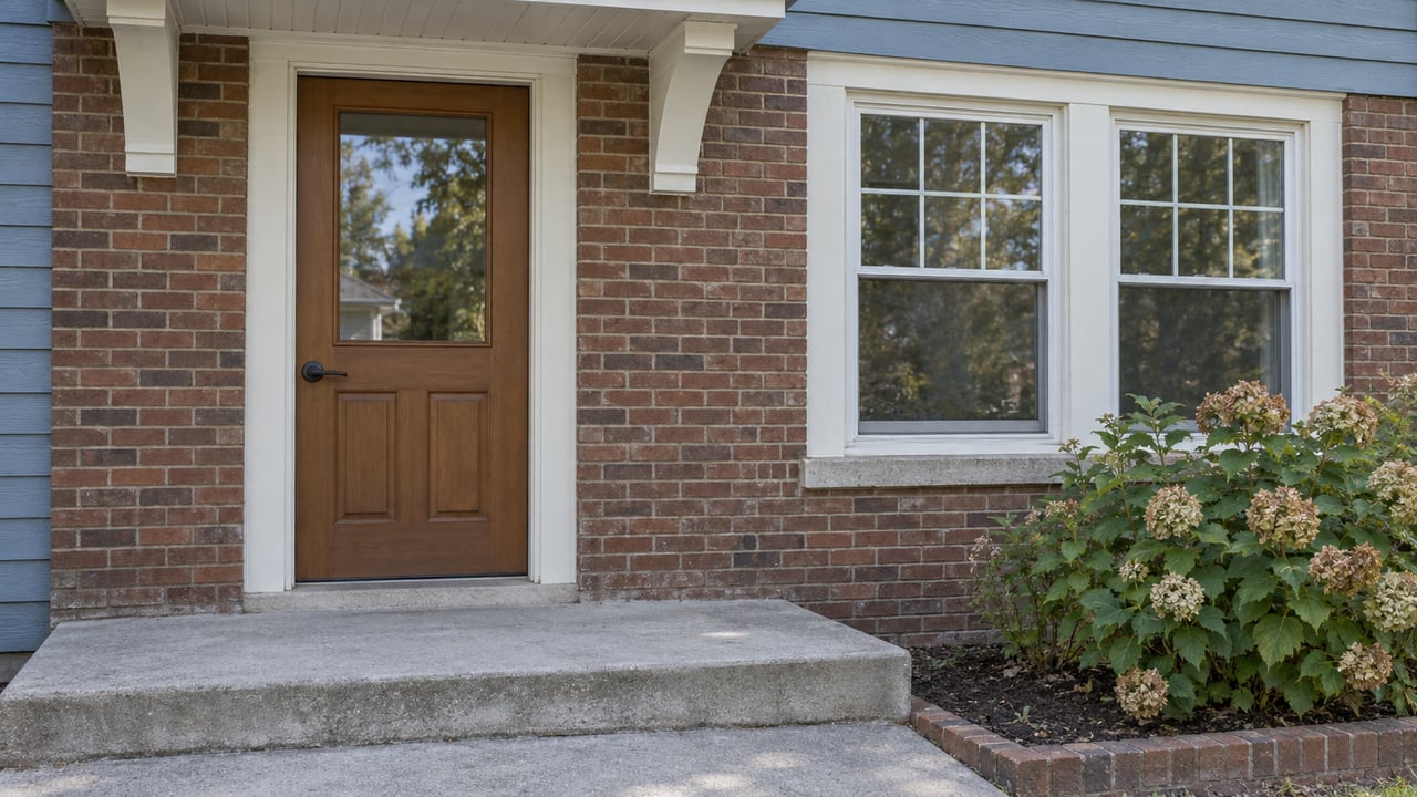 Close view of a blue-sided home's brick entry, white-trimmed window, concrete landing and faded hydrangea blooms.