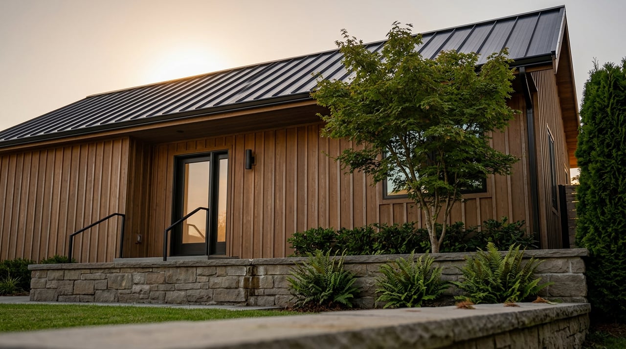 Cedar-sided home with a steep black metal gable roof, stone wall, and covered entry framed by Japanese maple.
