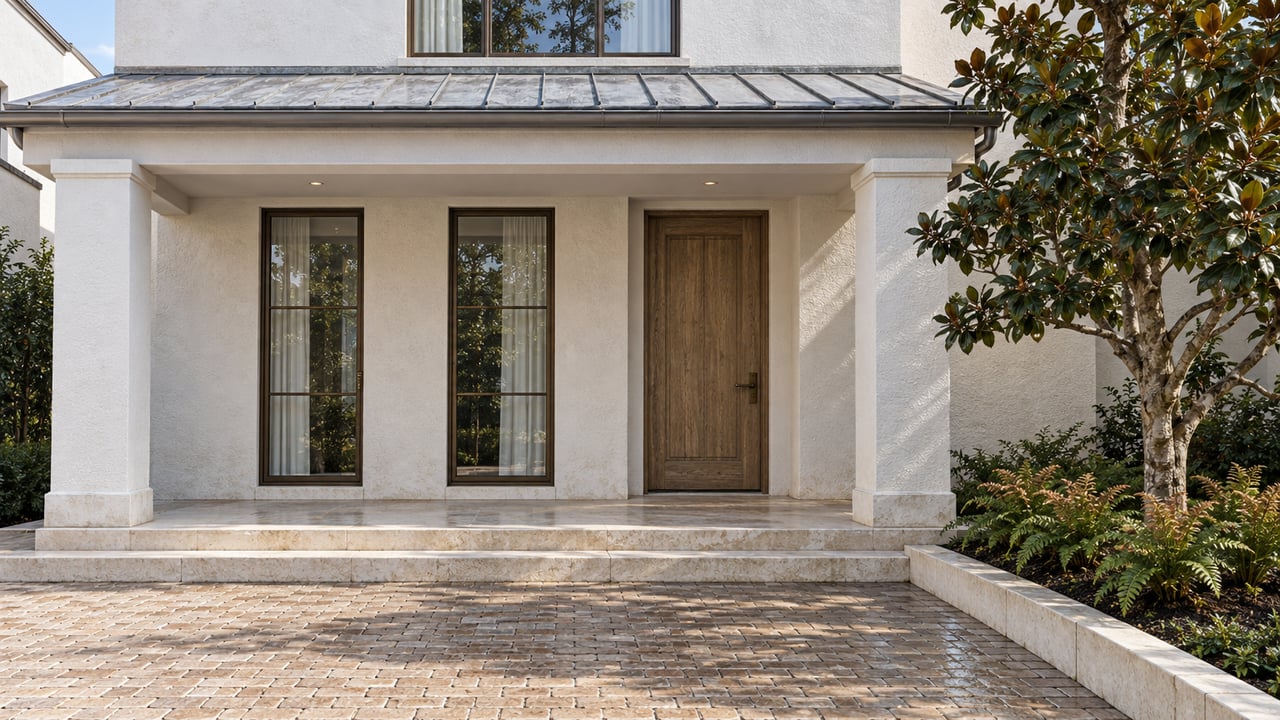 White stucco courtyard home with a deep limestone porch, oak entrance door, bronze-framed windows and a magnolia beside the brick approach.