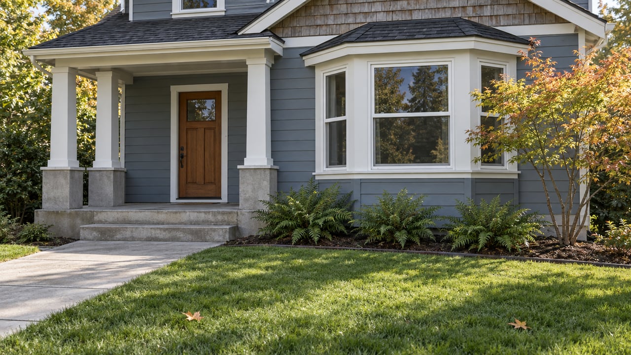 Blue-gray house with a covered concrete porch, white-trimmed window bay and autumn vine maple beside a green lawn.